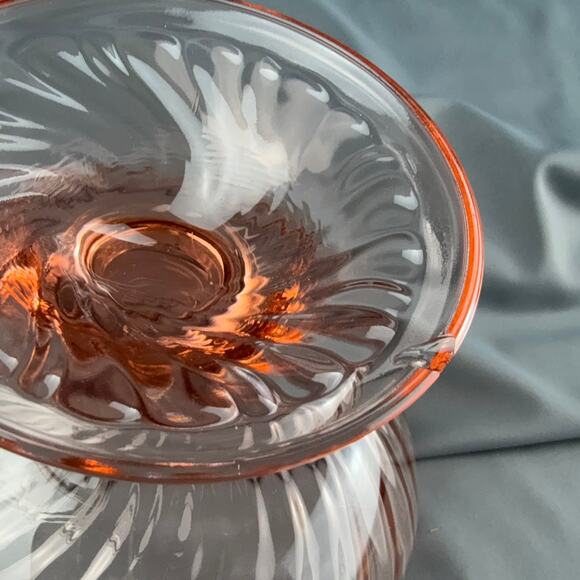 Vintage French Glass Dessert Compote Bowl | Pink Swirl Pedestal | France 4x4.5 - Picture 4 of 5